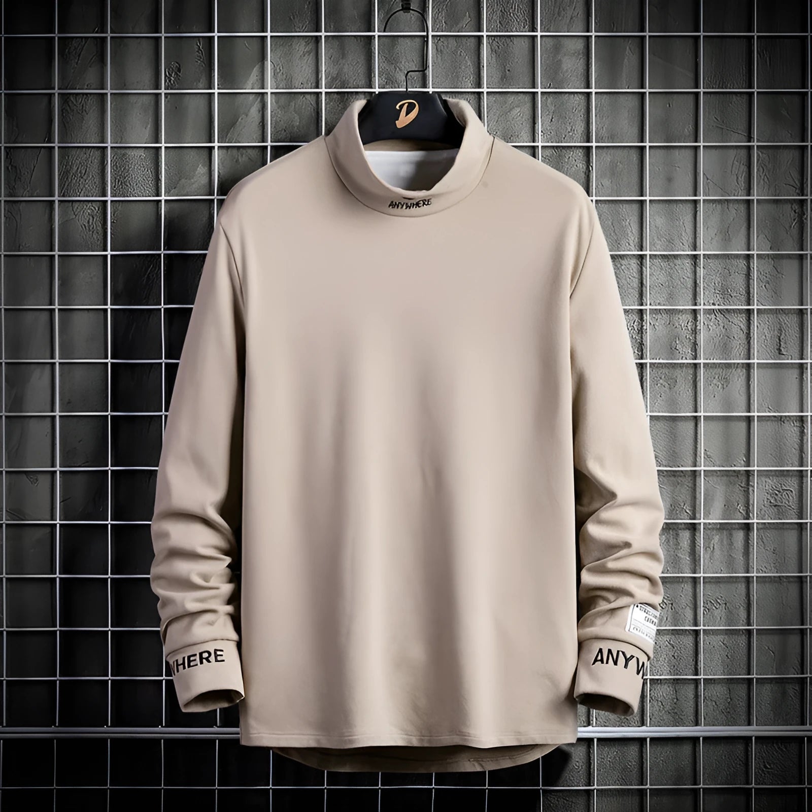 Mens long sleeved high collar polyester casual shirt in grey, embroidery detail, autumn winter