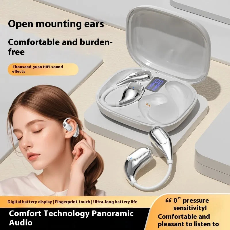 Open wireless Bluetooth headset in black with ear-mounted design and digital display screen
