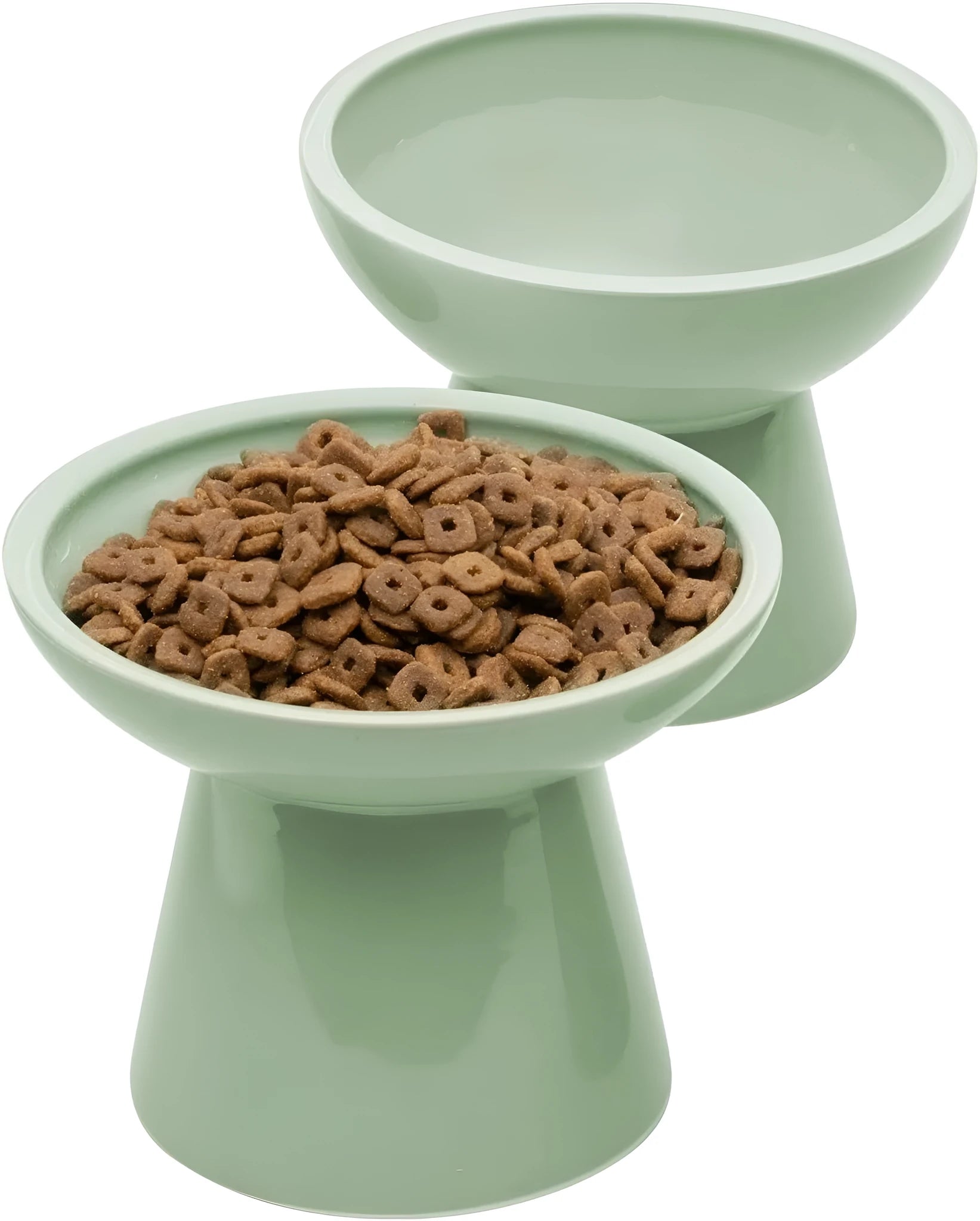 Ceramic elevated cat food bowl in blue colour with wide shallow design and raised base