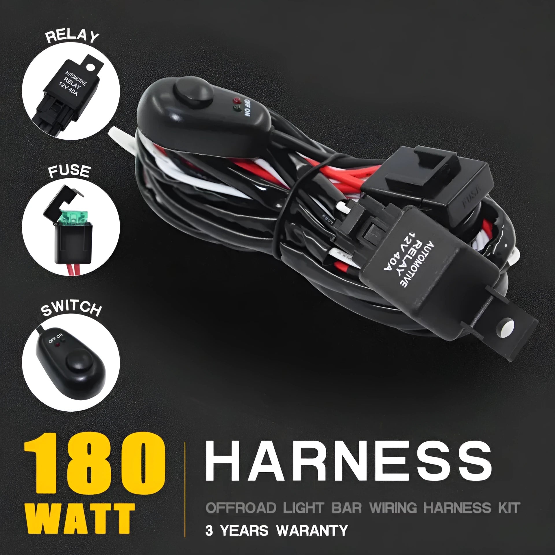 LED work light wiring harness with 2m silicone cable and one-to-two connectors for vehicle spotlights