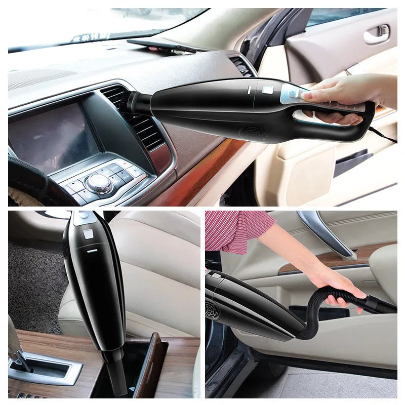 Black and orange 12V car vacuum cleaner with power cable, showing compact size.