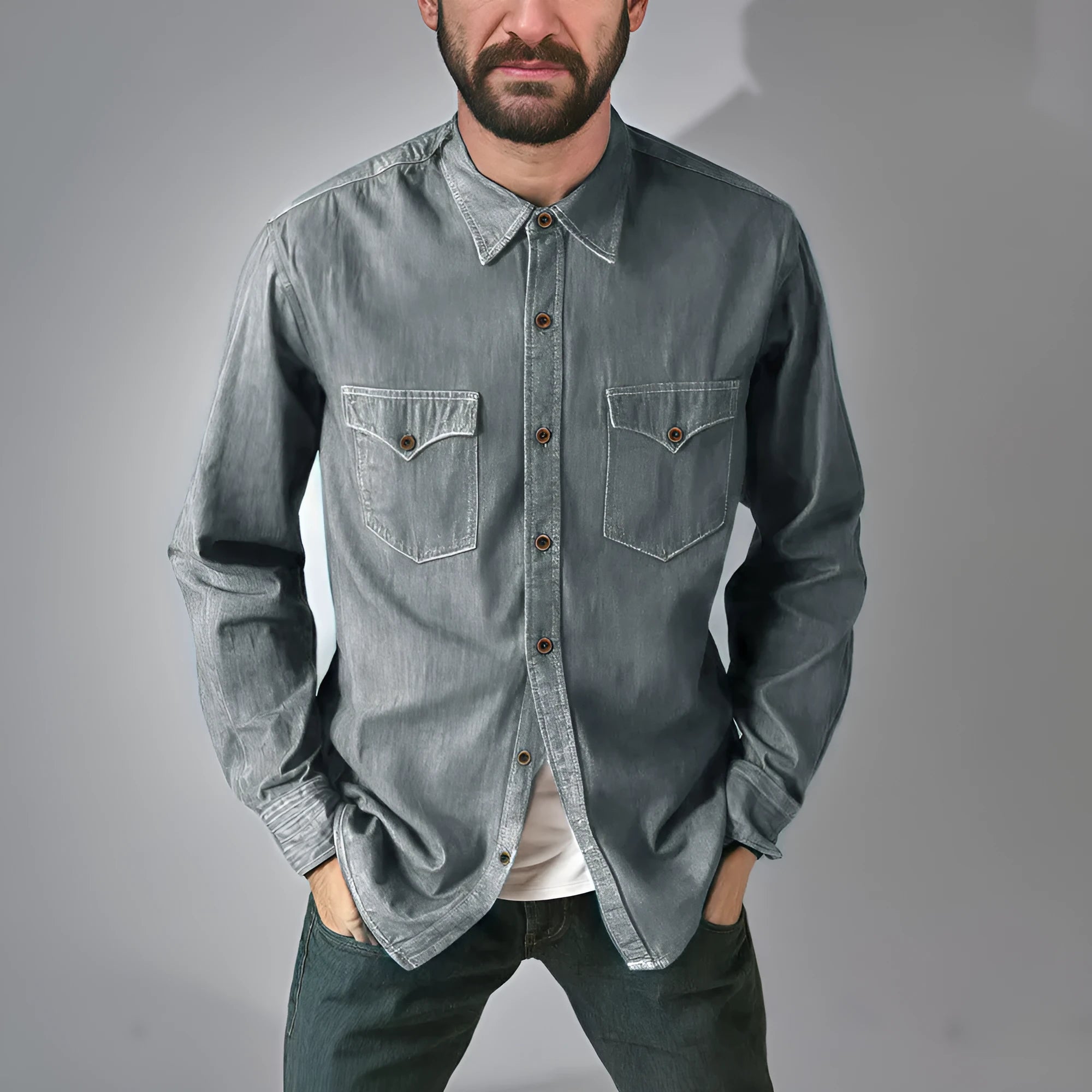A khaki cotton denim cardigan coat hanging, showing its open front and regular fit.