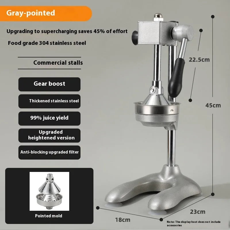 Vertical stainless steel and zinc alloy manual citrus juicer on a kitchen counter.