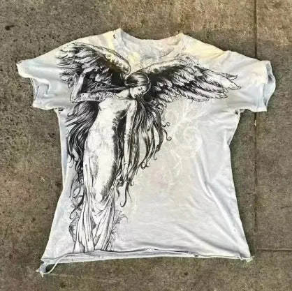 Gothic black men's t-shirt with cartoon pattern print, short sleeve design for casual leisure wear