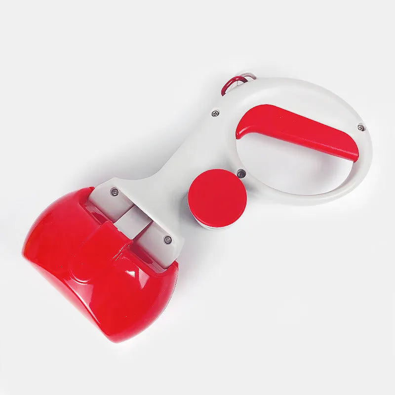 Black pet pooper scooper with built-in trash bag holder made of ABS plastic on a grass lawn.