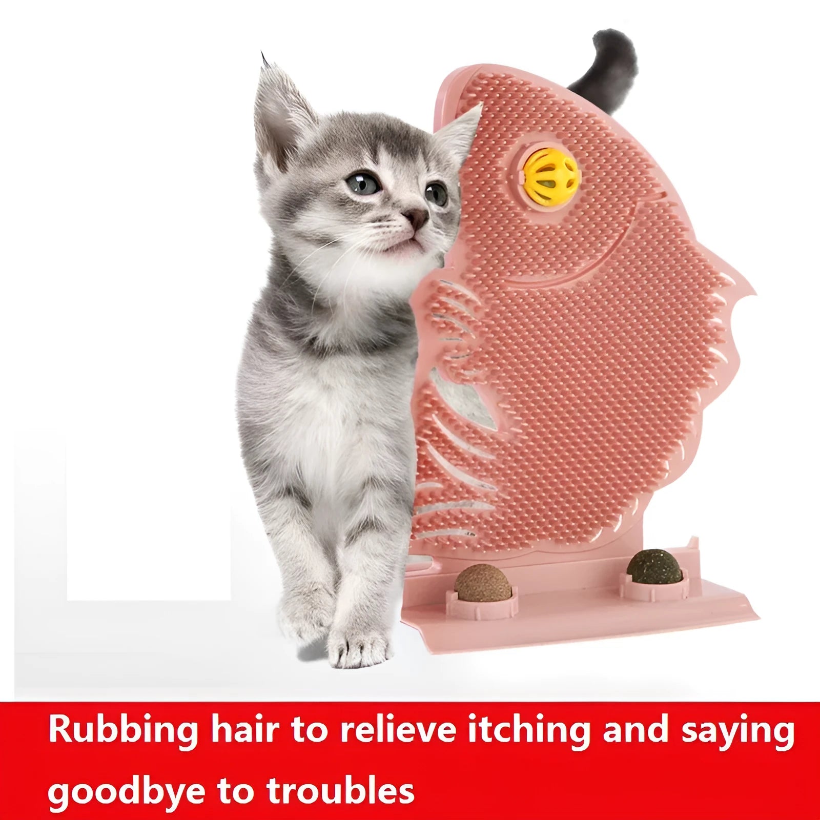 Blue fish-shaped plastic cat wall scratcher with self-grooming brush, catnip balls and mini bell