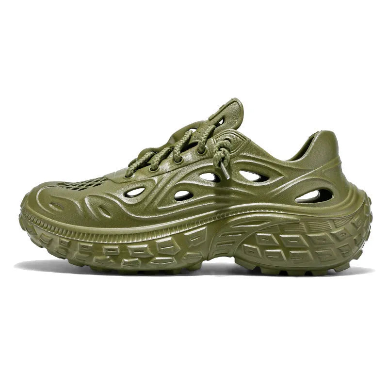 Men's thick sole non-slip sandals in army green with hollow-out design and covered heel.