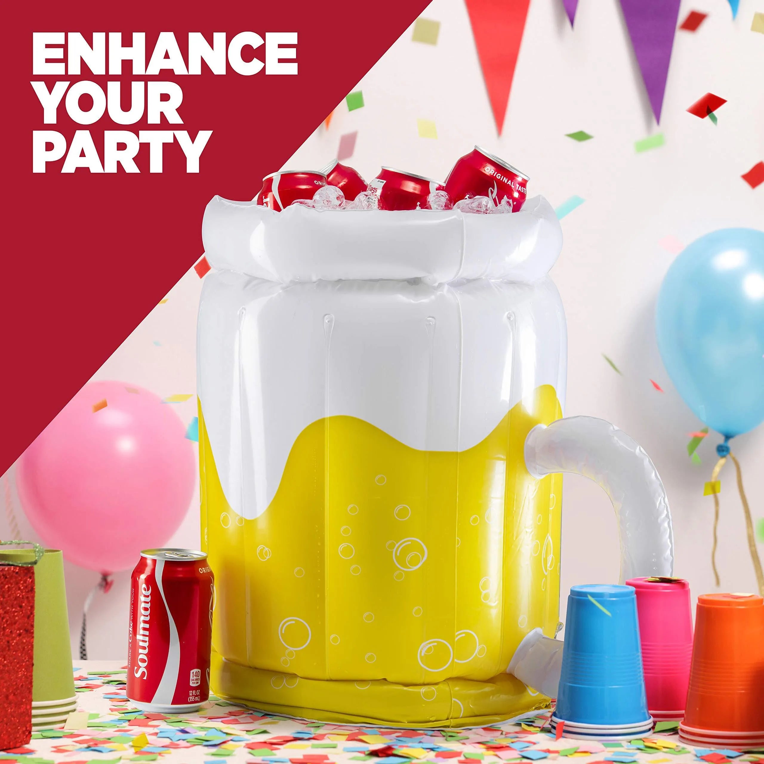 Yellow inflatable beer mug cooler floating in pool with drinks, showing 44cm height