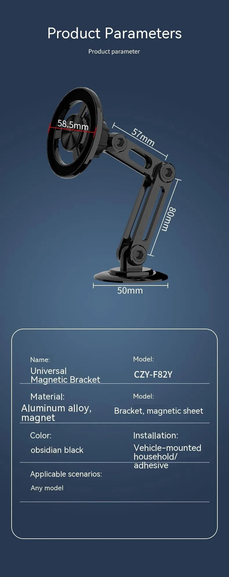 All-metal magnetic car phone holder in black, silver, gold, or rose gold with magnetic rings and adhesive pads.