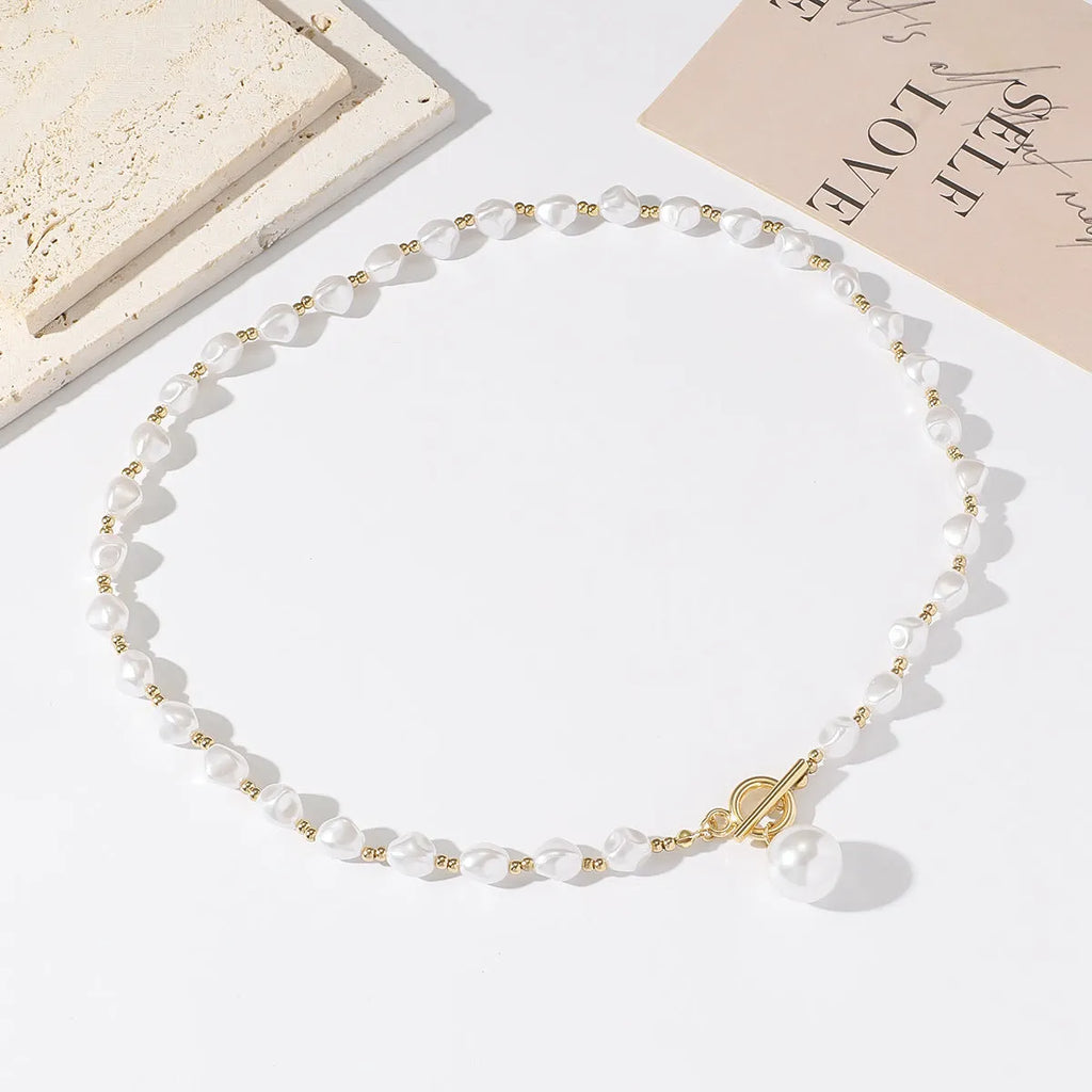 T-shaped buckle handmade imitation pearl necklace women's fashion pearl chain pendant