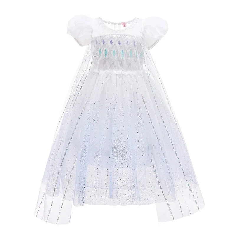 Girls Princess Elsa gradient dress with cotton lining, short sleeves, A-line skirt, colours include gradient Elsa and silver cloak