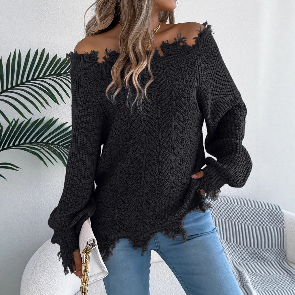 Women's white hollow-out knit pullover sweater with an off-the-shoulder neckline