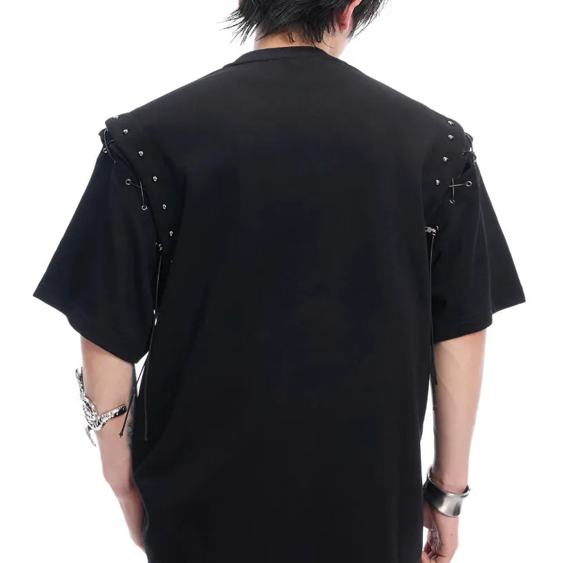 Women's black lace-up cutout short sleeve t-shirt showing side detail