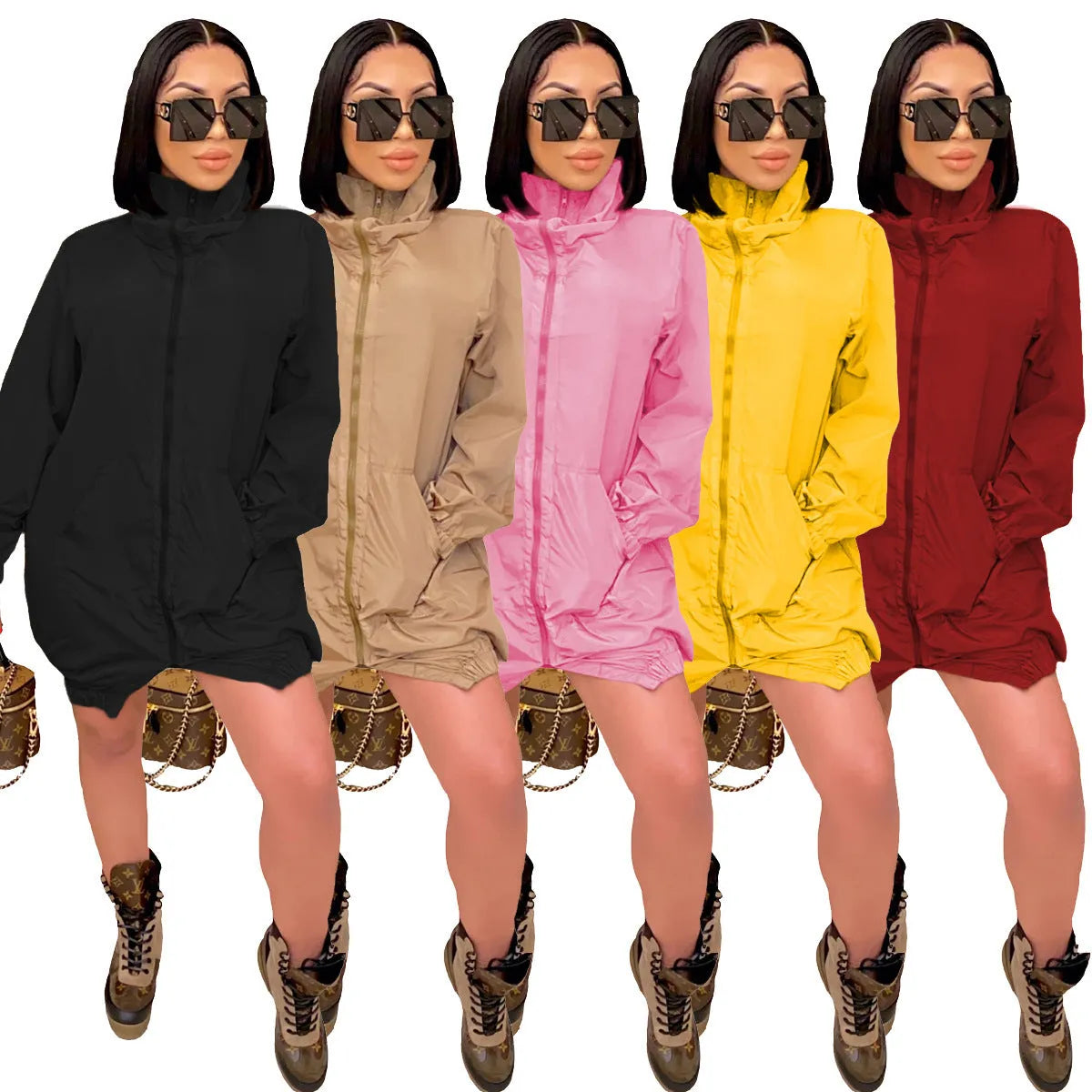 Casual women's loose long sleeve zipper dress in black, A-line skirt, polyester fibre