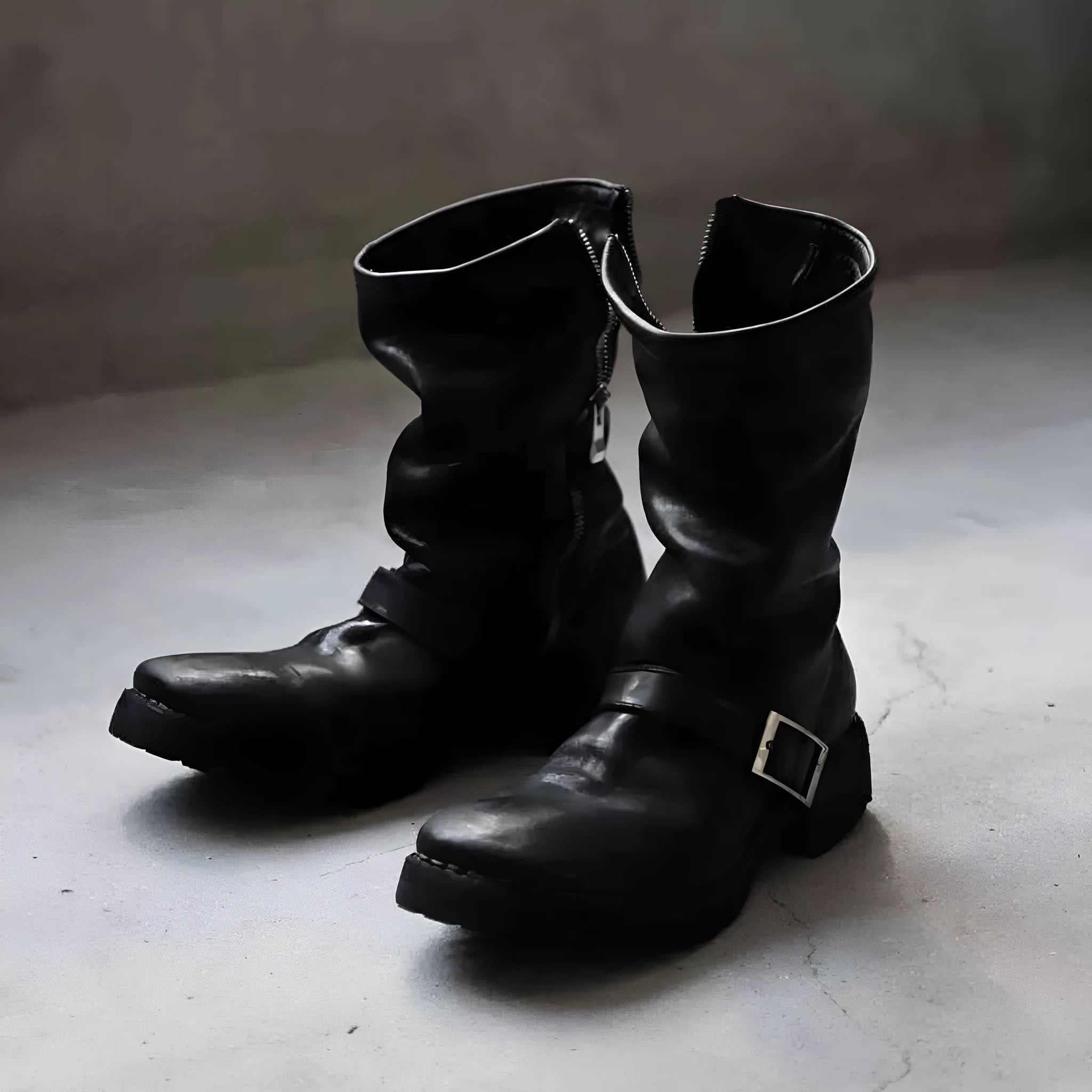 Men's black retro Martin ankle boots with a full-length side zipper and round toe.