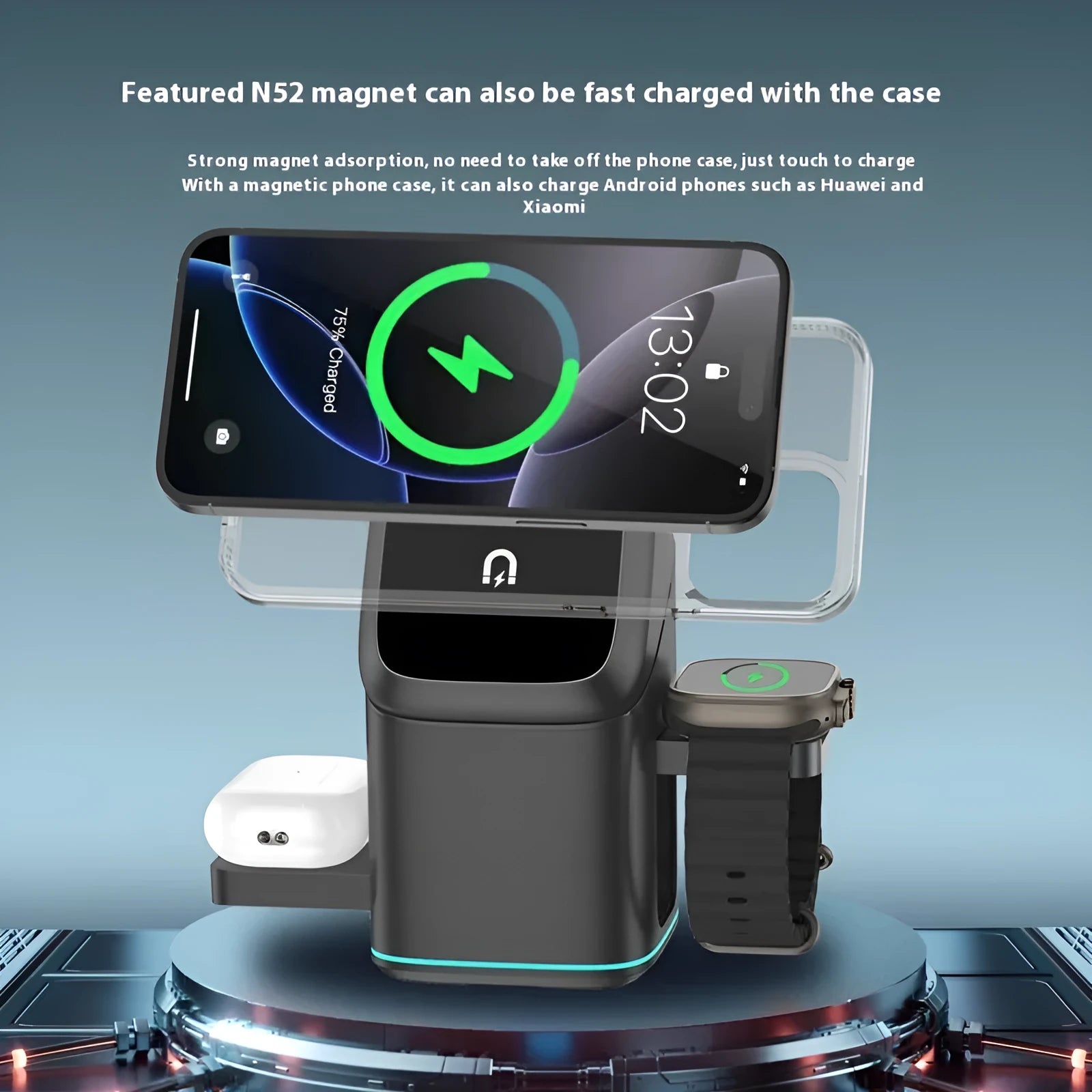 Black rotating magnetic wireless charging stand for mobile phones showing adjustable angle