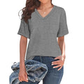 Grey men's loose fit V-neck t-shirt with a chest pocket, short sleeves, on a solid background.