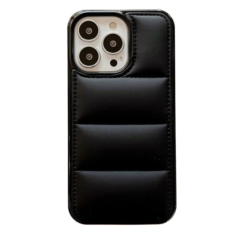 Candy down jacket texture iPhone case in solid colours: black, white, rose red, green.