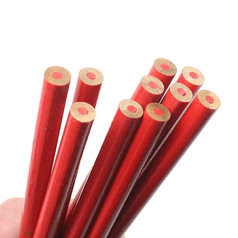Red and blue two-colour carpenter's pencil with round wooden design, 10-piece pack