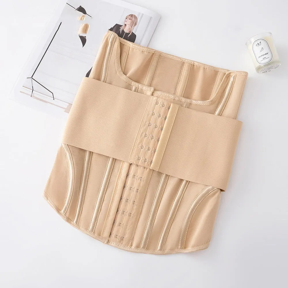 Nylon belly band waist trainer for tummy control and postpartum support, shown in black.