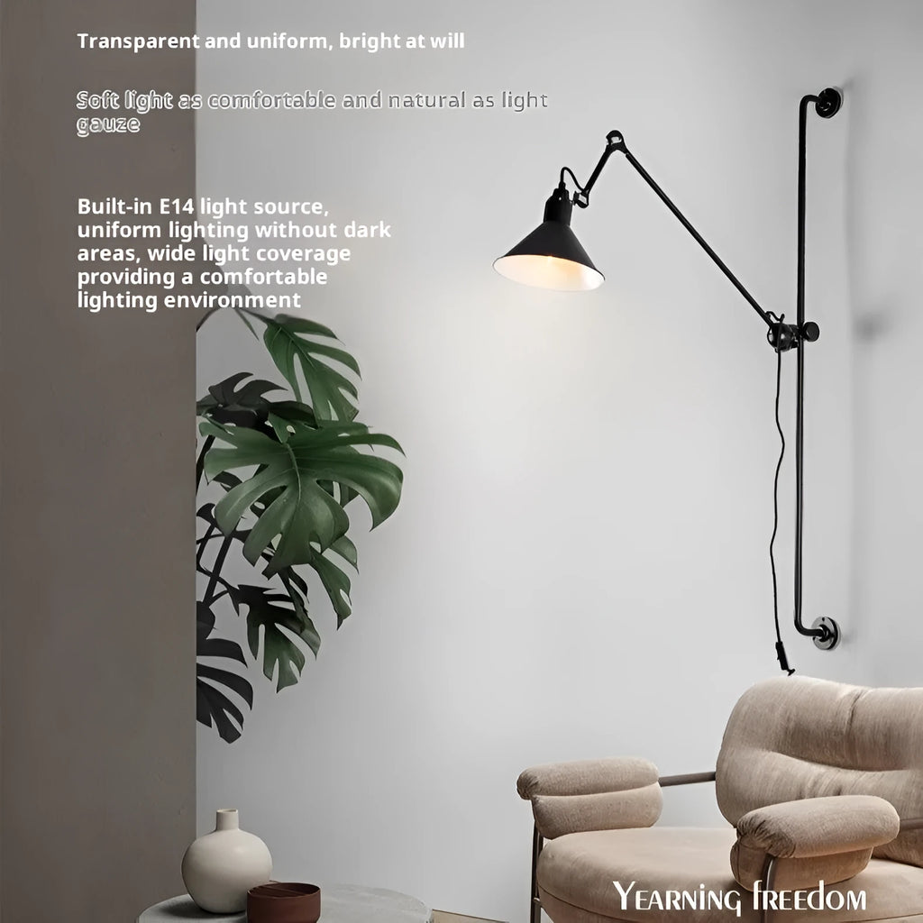 Rotating rocker arm wall lamp with plug, Nordic style iron lampshade, black lamp body, warm bulb