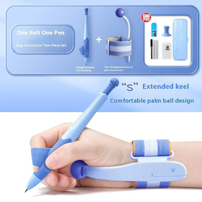 Blue and pink anti-hook wrist brace pen grip corrector for children's handwriting, made from white ABS nylon.