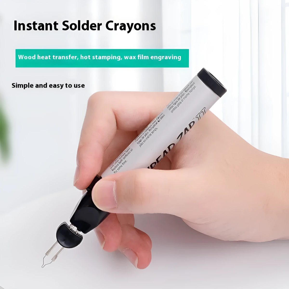 Instant Welding Crayon with plastic body and tungsten wire element, battery-powered tool for wire ends and wax repair