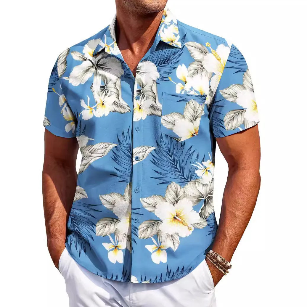 Men's slim fit Hawaiian short sleeve cardigan shirt in elastic polyester fabric on a model.