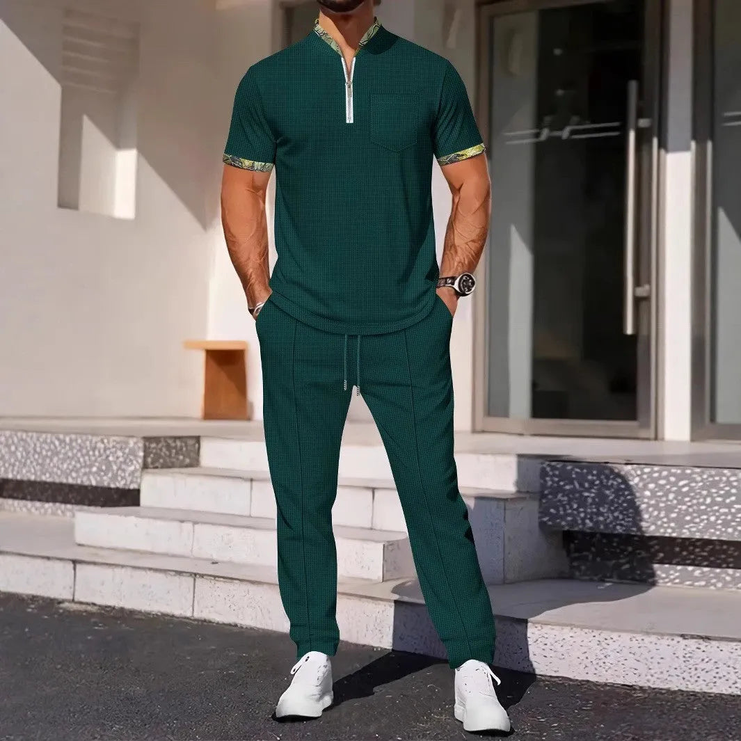 Men's colour matching casual sports suit in polyester fibre, short sleeve top and trousers, available in six colours