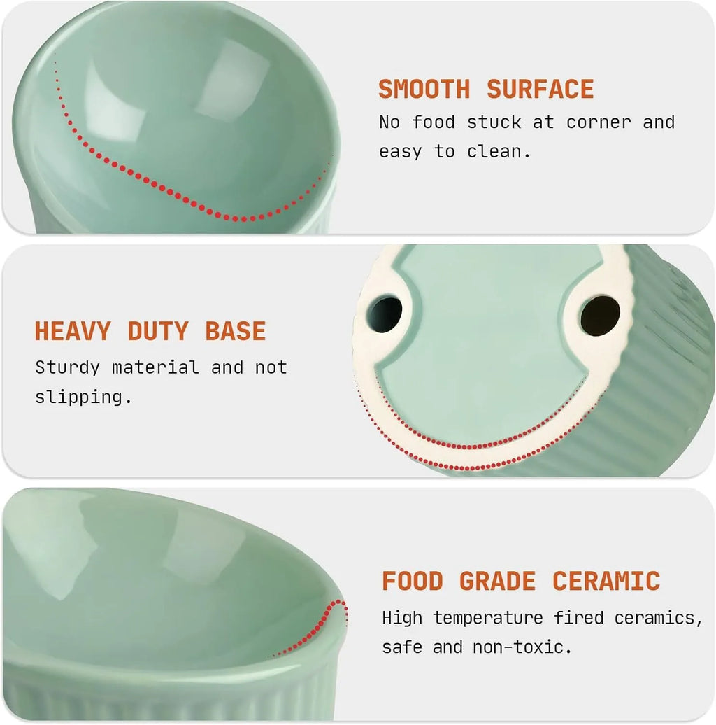 Elevated ceramic cat bowl in light green, showing tilted design and round whisker-friendly shape