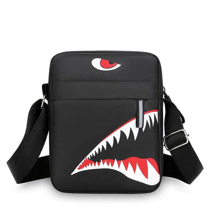 Men's small black Oxford cloth crossbody bag with animal print design and shoulder strap