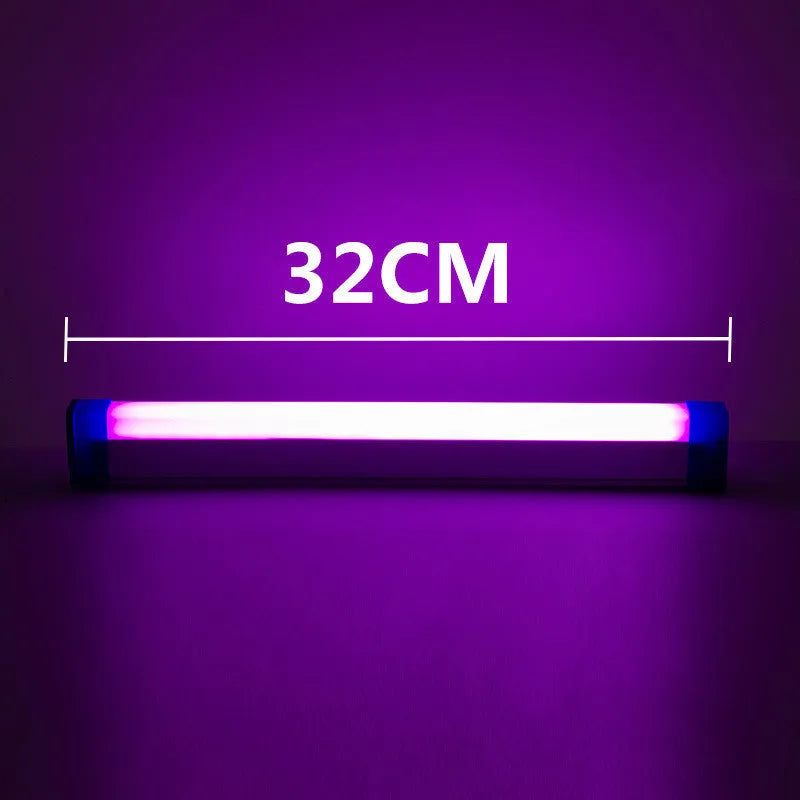 Blue and purple rechargeable LED tube stick light with dimmable settings.