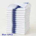 Set of twelve striped polyester cotton blended kitchen dish towels showing colour variations