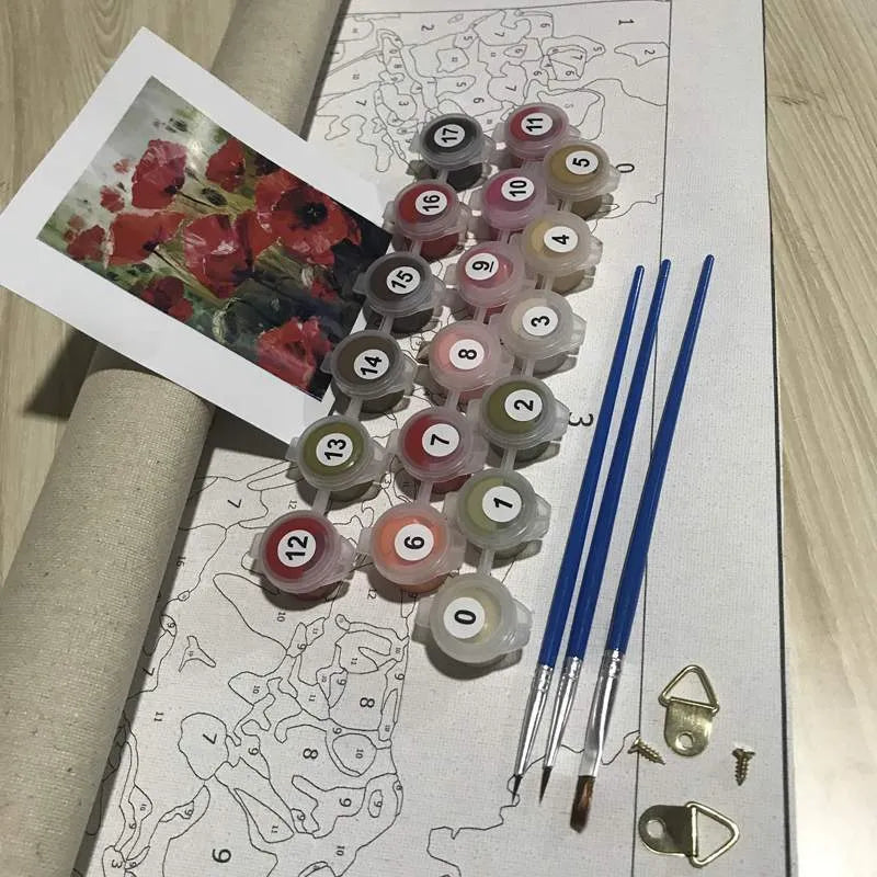 DIY digital painting kit showing 40×50cm canvas with body artwork, three paint brushes, and wall hooks