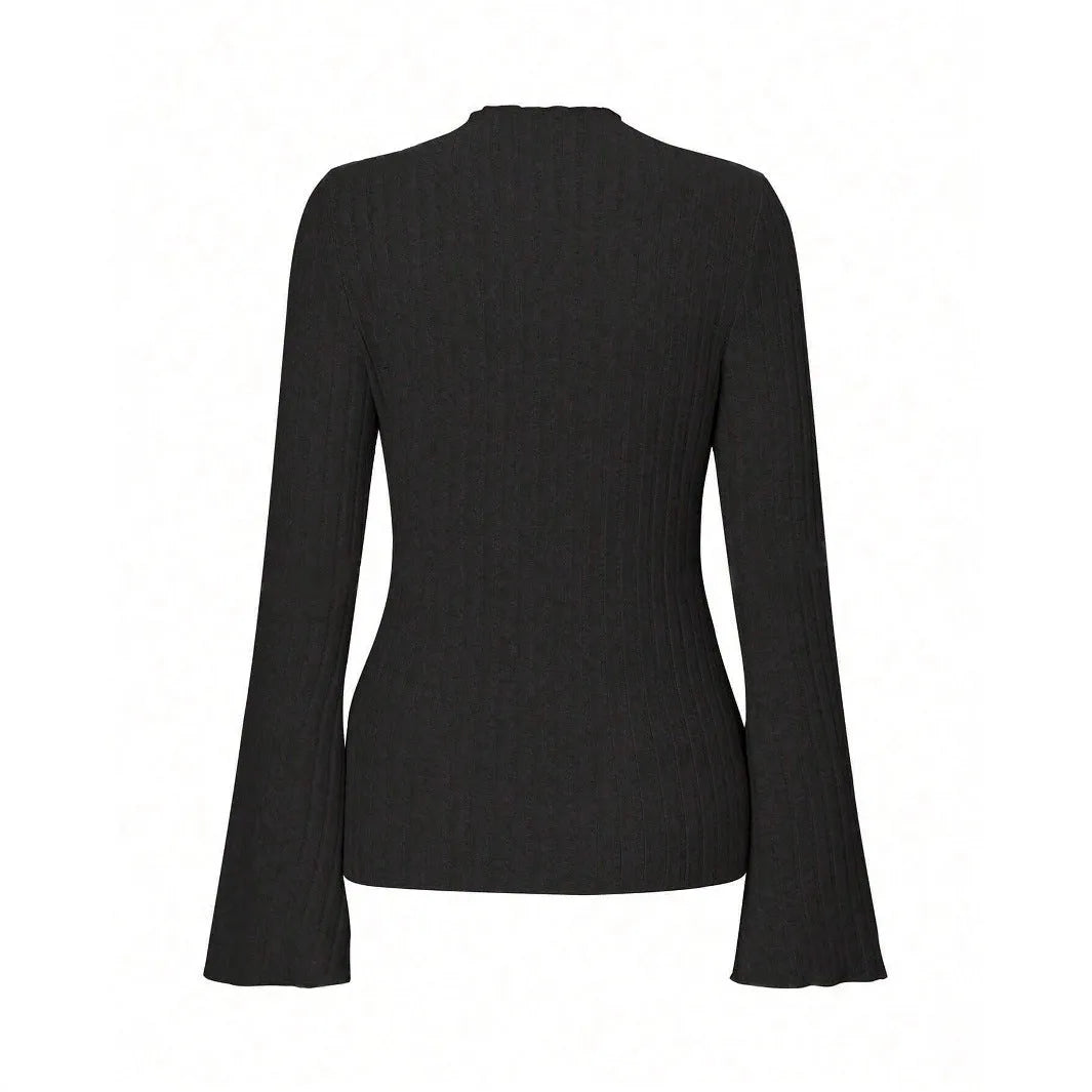 Long sleeve black top with lantern sleeves and sunken stripe texture, laid flat.