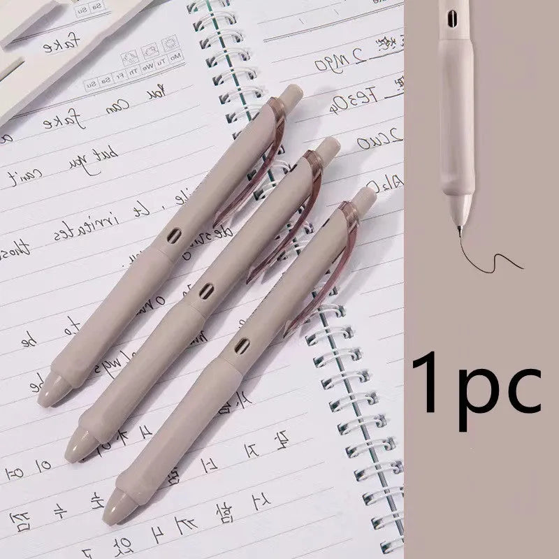 Three macaron-coloured clicker gel pens with 0.5mm fine tips in smoked white, brown, and pink shades