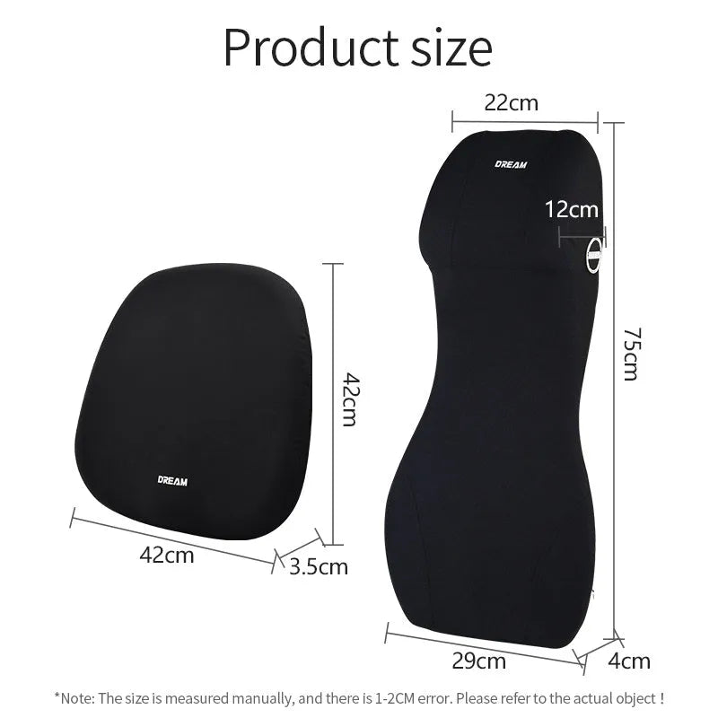 Black automotive memory foam mat showing integrated waist cushion and headrest lumbar support pillow on a car seat.