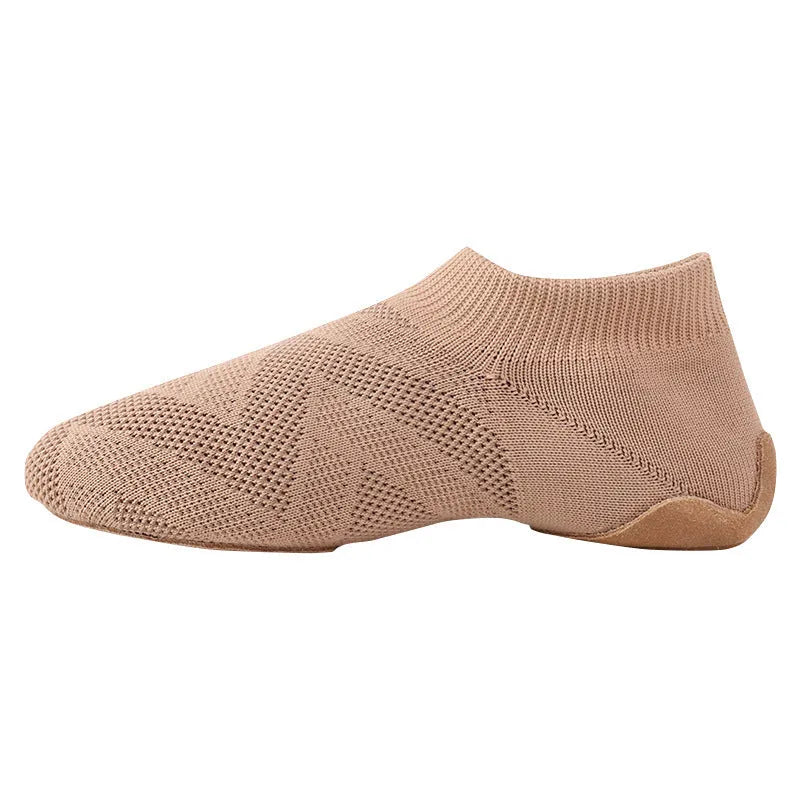 Camel coloured Latin dance shoes with cotton mesh upper and leather sole for unisex adult wear