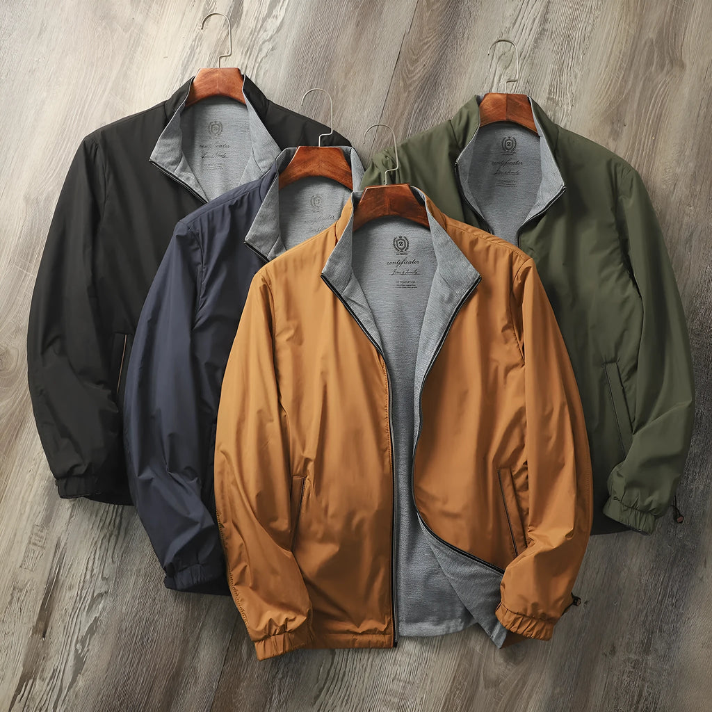 Men's simple stand collar jacket in a polyester-cotton blend, shown in one of four available colours.