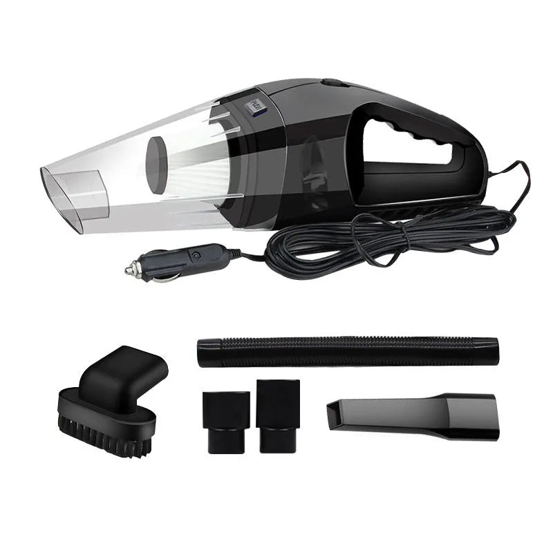 Portable 12V car vacuum cleaner with attachments in orange, black, or blue