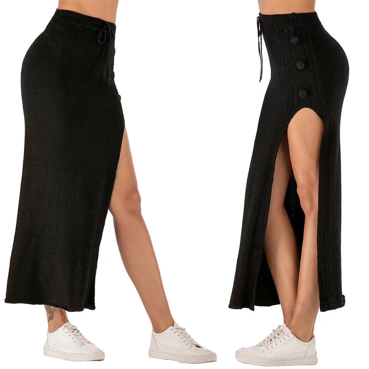 A woman wearing a slim-fit black acrylic midi skirt with a side split detail.