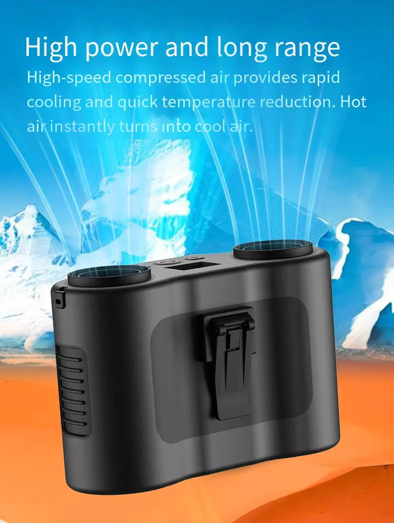 Black waist-hung portable fan with lanyard, shown attached to a belt loop for hands-free cooling outdoors.