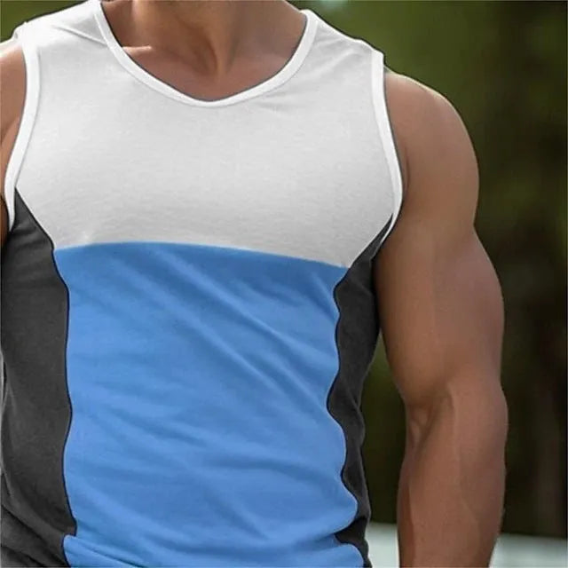 Men's sports vest in polyester cotton blend fabric available in blue, yellow, and orange colours