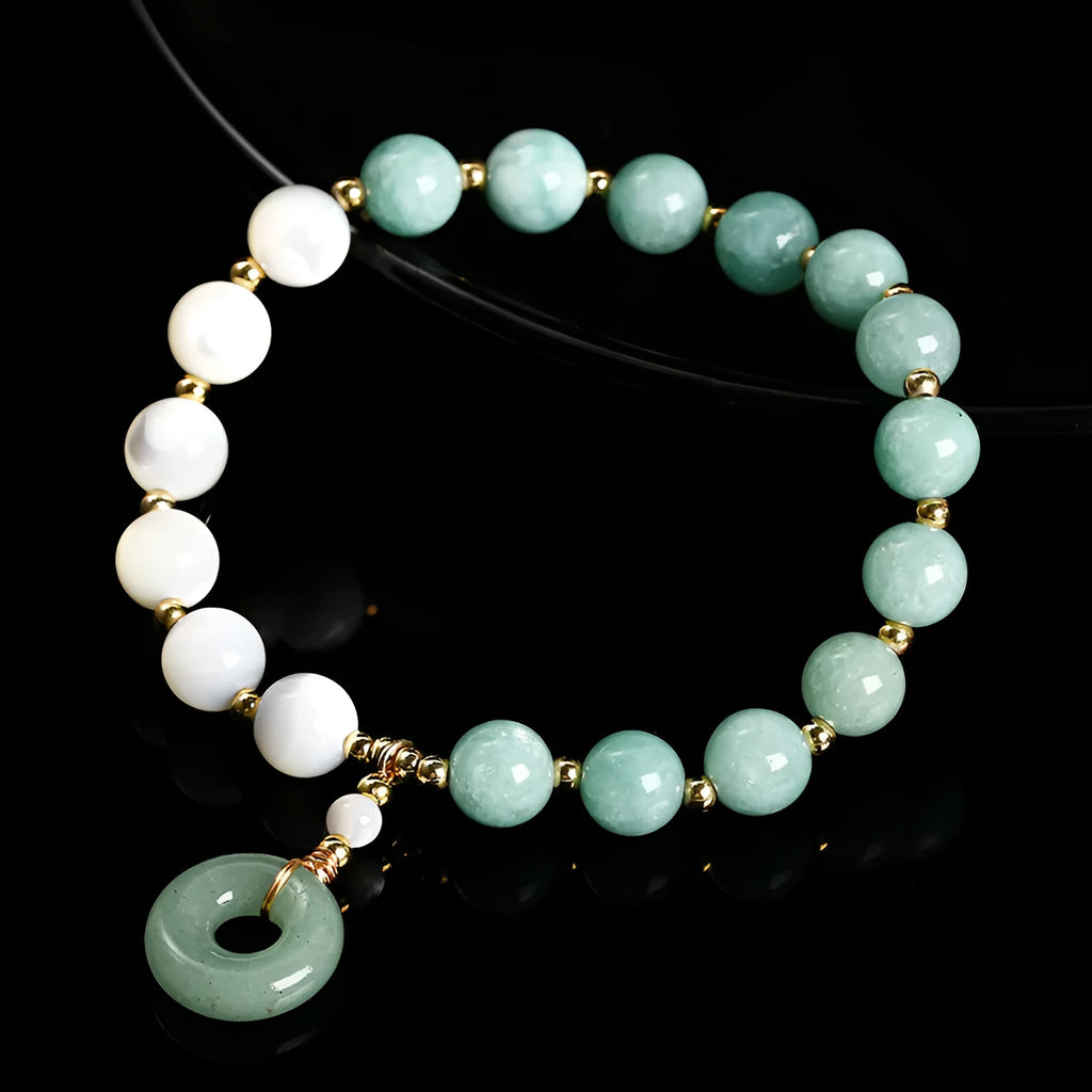 Blue Burma jade bracelet with copper horseshoe screw safety buckle and geometric design