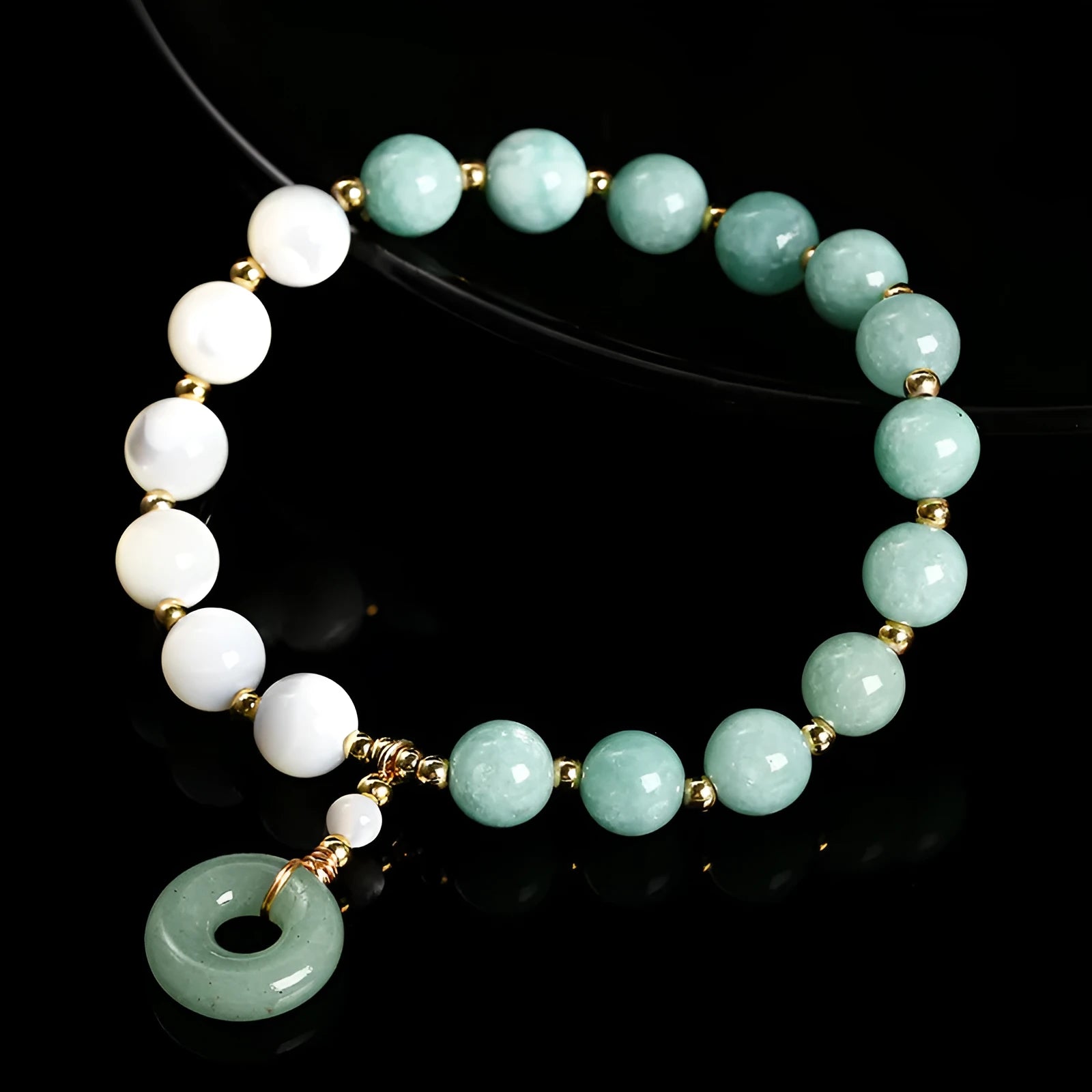 Blue Burma jade bracelet with copper horseshoe screw safety buckle and geometric design