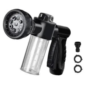 Green high-pressure foam spray gun for car washing with adjustable nozzle and attached water pipe.