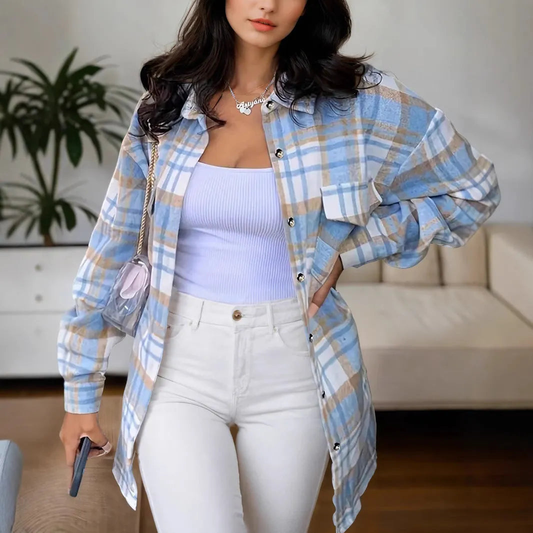Women's lapel plaid long sleeve shirt jacket in blue, cardigan style, polyester fabric