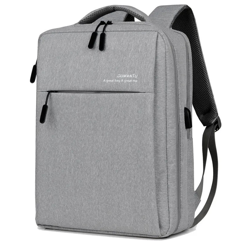 Waterproof shockproof rechargeable laptop backpack in Oxford cloth showing size options for 14-inch and 15.6-inch computers