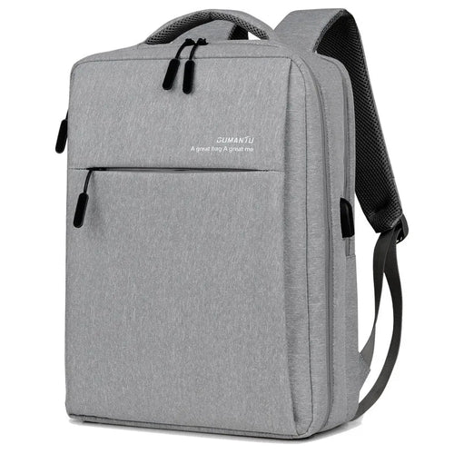 Waterproof shockproof rechargeable laptop backpack in Oxford cloth showing size options for 14-inch and 15.6-inch computers