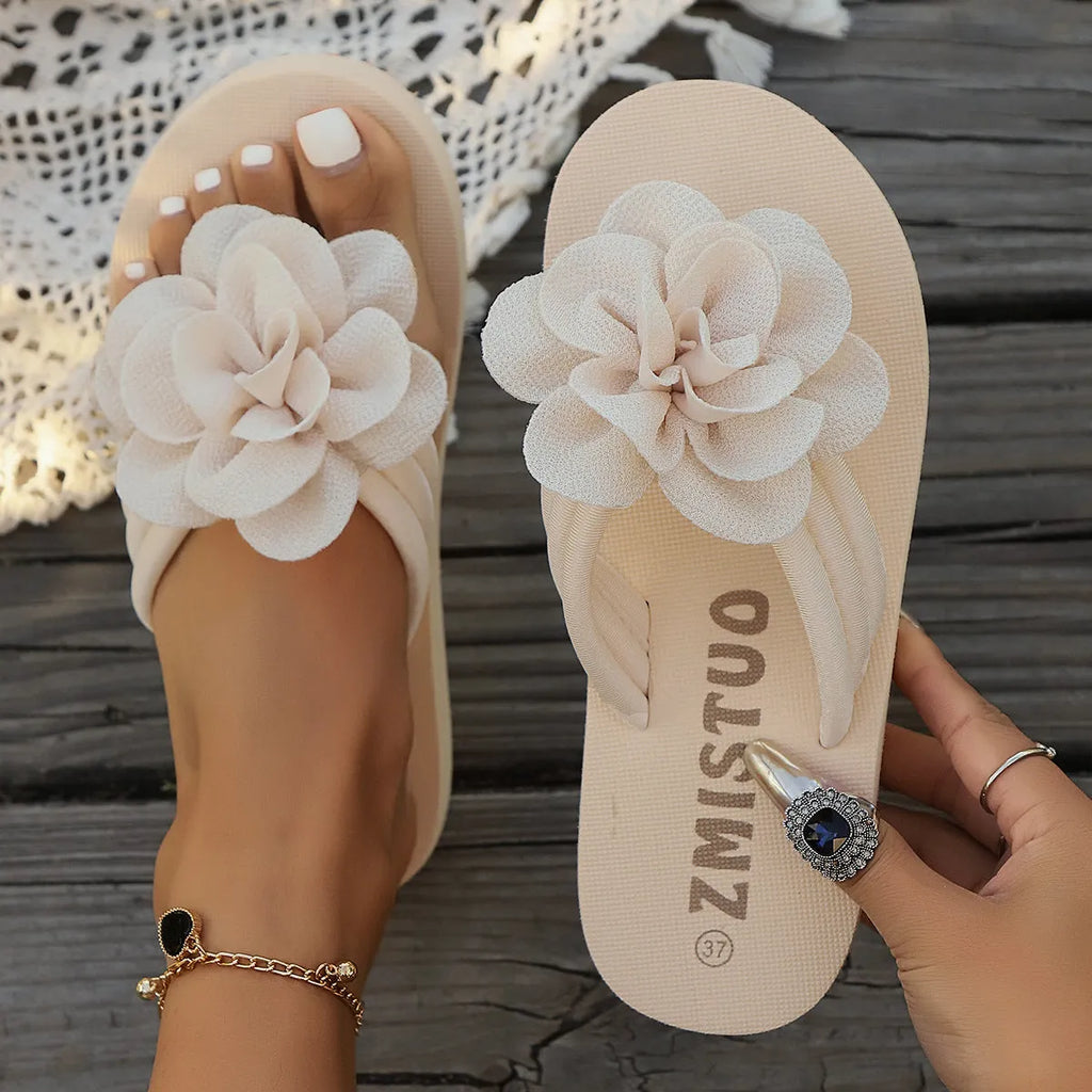 Plus size women's PU leather flip-flop slippers with floral detail, shown in beige, green, and rose red.